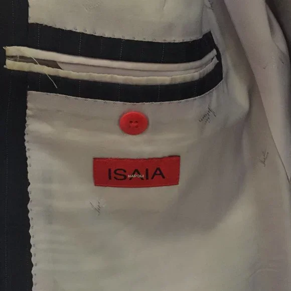 Isaia suit. Dark blue pinstripe. 44r US